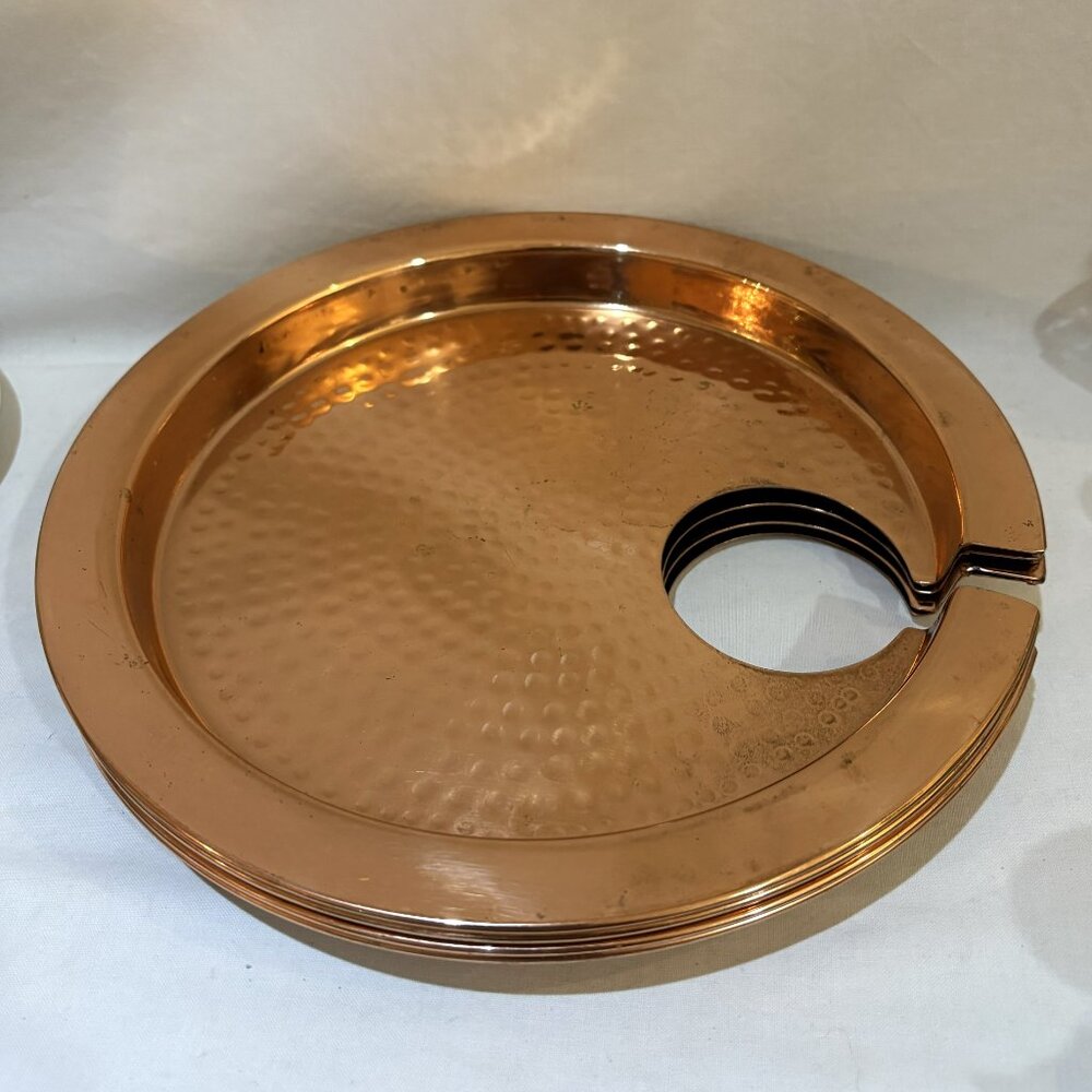 Set of 4 ODI Hammered Copper Mingling Plates with Wine Holder Made in India
